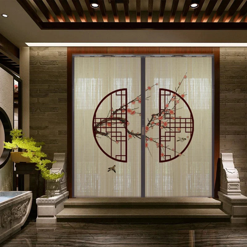 Printed Bamboo Sliding Door Partition Traditional Chinese Room Divider Foldable Screen
