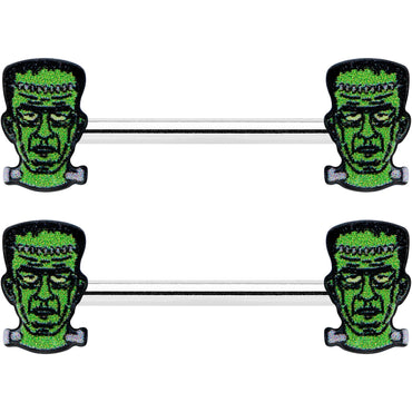 14G 9/16 Frankenstein Head Green Glow in the Dark Nipple Ring Set