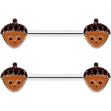 14G 9/16 Autumn Acorn Face Brown Fall Barbell Nipple Ring Set
