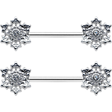 14G 9/16 Clear Gem Filigree Winter Snowflake Nipple Ring Set