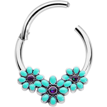 16G 3/8 Blue Gem Flower Trio Teal Petals Hinged Segment Ring