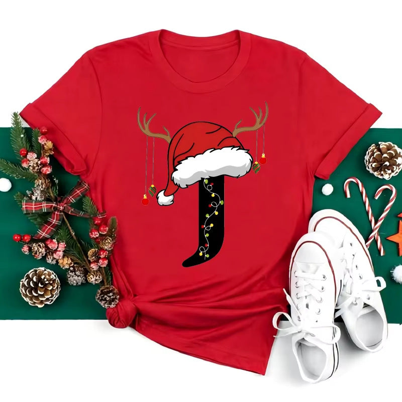 Red Loose T-Shirt Top With A Christmas Party Aesthetic