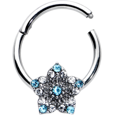 16G 3/8 Blue Clear Gem Opulent Flower Hinged Segment Ring