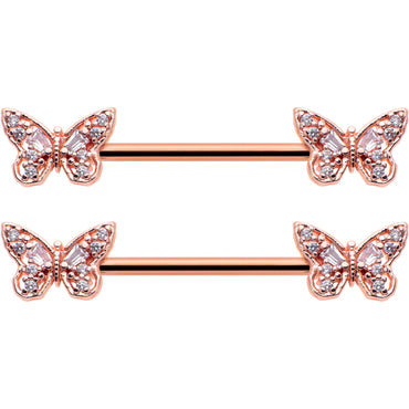 14G 9/16 Clear Gem Rosy Tone Baroque Butterfly Nipple Ring Set