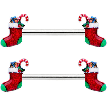 14G 9/16 Cheery Christmas Stocking Red Barbell Nipple Ring Set