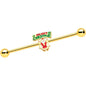 14G Gold Hue Merry Christmas Santa Inlaid Industrial Barbell 38mm