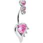 Pink CZ Gem Triple Drop Flare Heart Valentine Double Mount Belly Ring