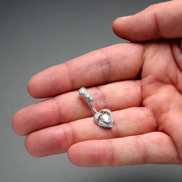 Clear CZ Gem Triple Drop Swirl Heart Valentine Double Mount Belly Ring