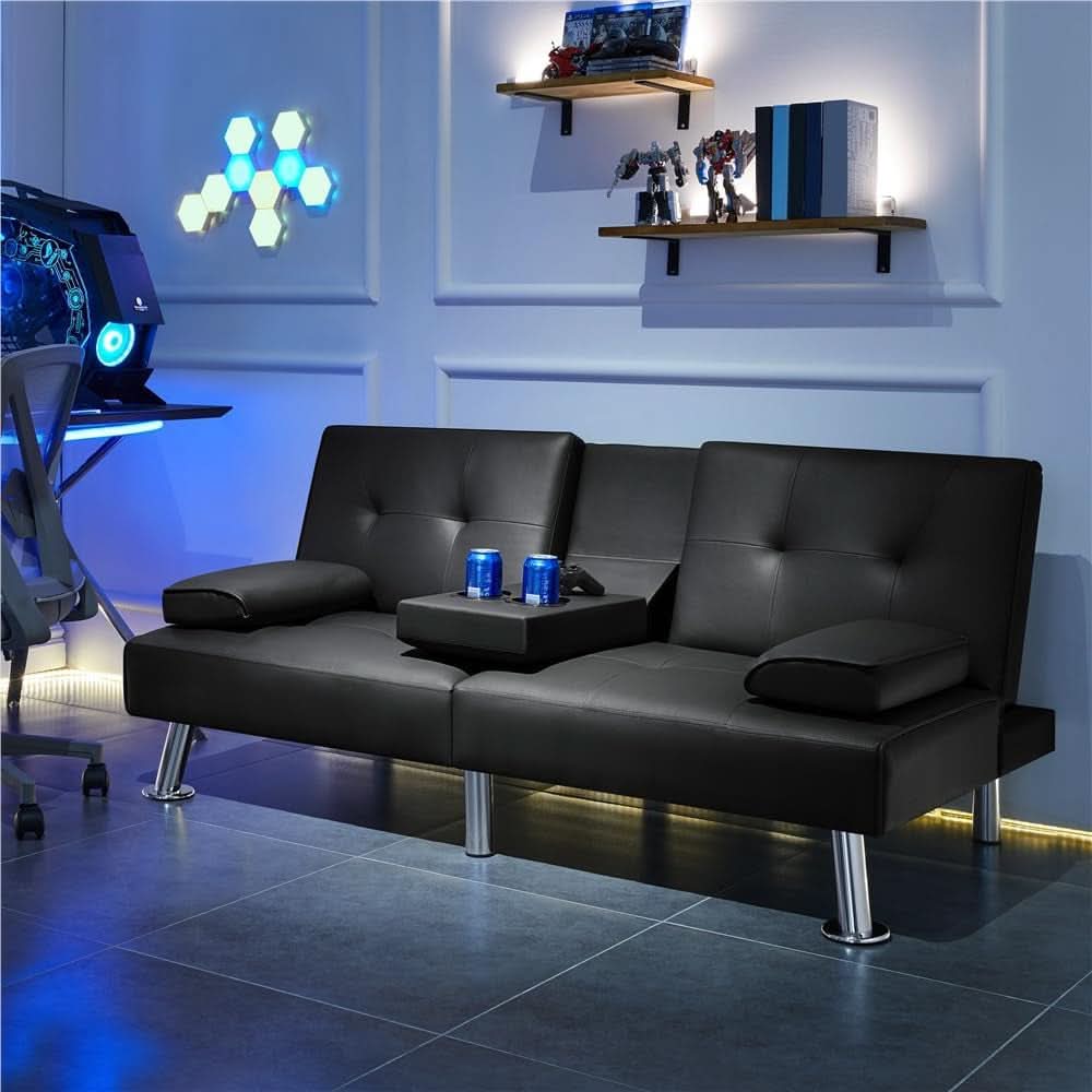 Convertible Sofa Bed Black Faux Leather With Cup Holders