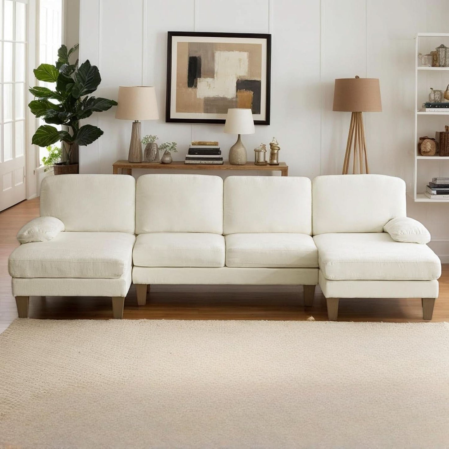 U Shape Sectional Sofa 111 Inch Beige Chenille Convertible