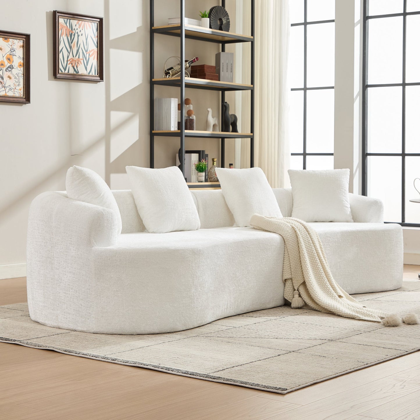 Sofa Curved Chenille Beige Deep Seat 3 Pillows No Assembly 110 In 300 LB