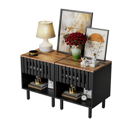 Set of 2 Mid Century Nightstands, Grille Slatted Drawer, Metal Legs, Bedroom