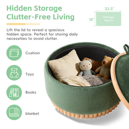 29 Inch Round Storage Ottoman Solid Rubberwood Legs Chenille, Green