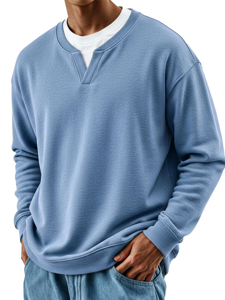 Mens Patchwork Mock Two-Piece Crew-Neck Long-Sleeve Top