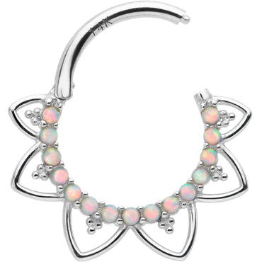 16G 3/8 White Synthetic Opal 14k White Gold Filigree Hinged Segment Ring