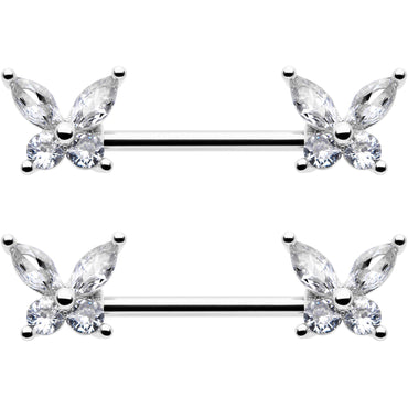 14G 9/16 Clear CZ Gem Butterflies Barbell Nipple Ring Set