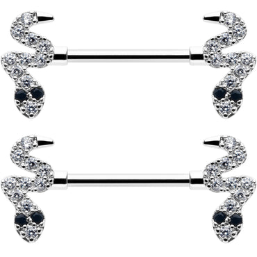 14G 9/16 Clear Black CZ Gem Sexy Snakes Barbell Nipple Ring Set