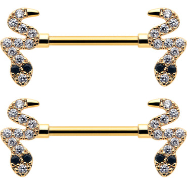 14G 9/16 Clear Black CZ Gem Gold Tone Sexy Snakes Nipple Ring Set