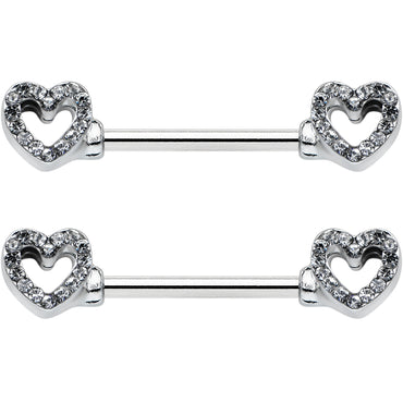 14G 9/16 Clear Gem Open Heart Valentine Barbell Nipple Ring Set