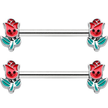 14G 9/16 Sweet Happy Rose Flower Barbell Nipple Ring Set