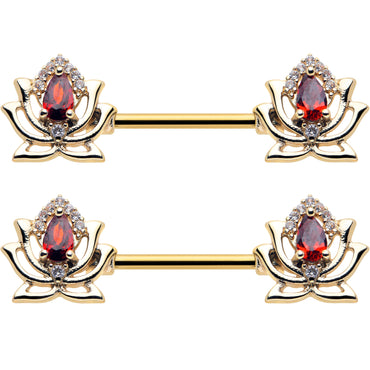 14G 9/16 Red Gem Gold Tone Royal Lotus Barbell Nipple Ring Set