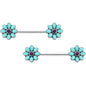14G 9/16 Blue Faux Opal Flower Teal Petals Barbell Nipple Ring Set