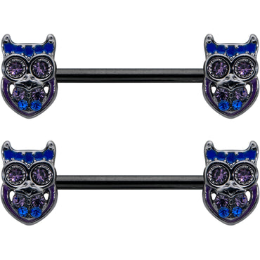 14G 9/16 Purple Blue Gem Black Opulent Owl Barbell Nipple Ring Set
