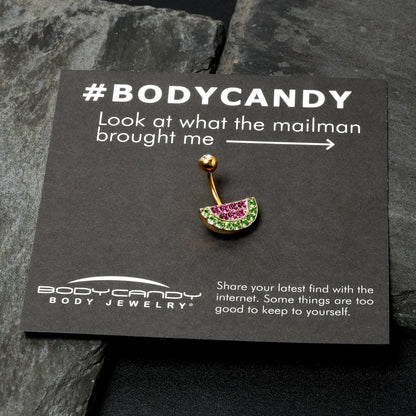 Pink Green Gem Gold Tone Watermelon Yum Belly Ring