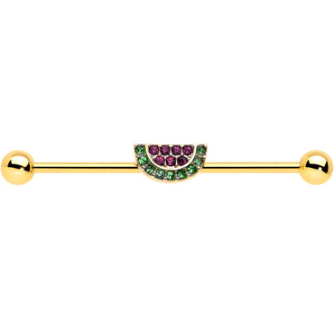 14G Pink Green Gem Gold Hue Watermelon Yum Industrial Barbell 38mm