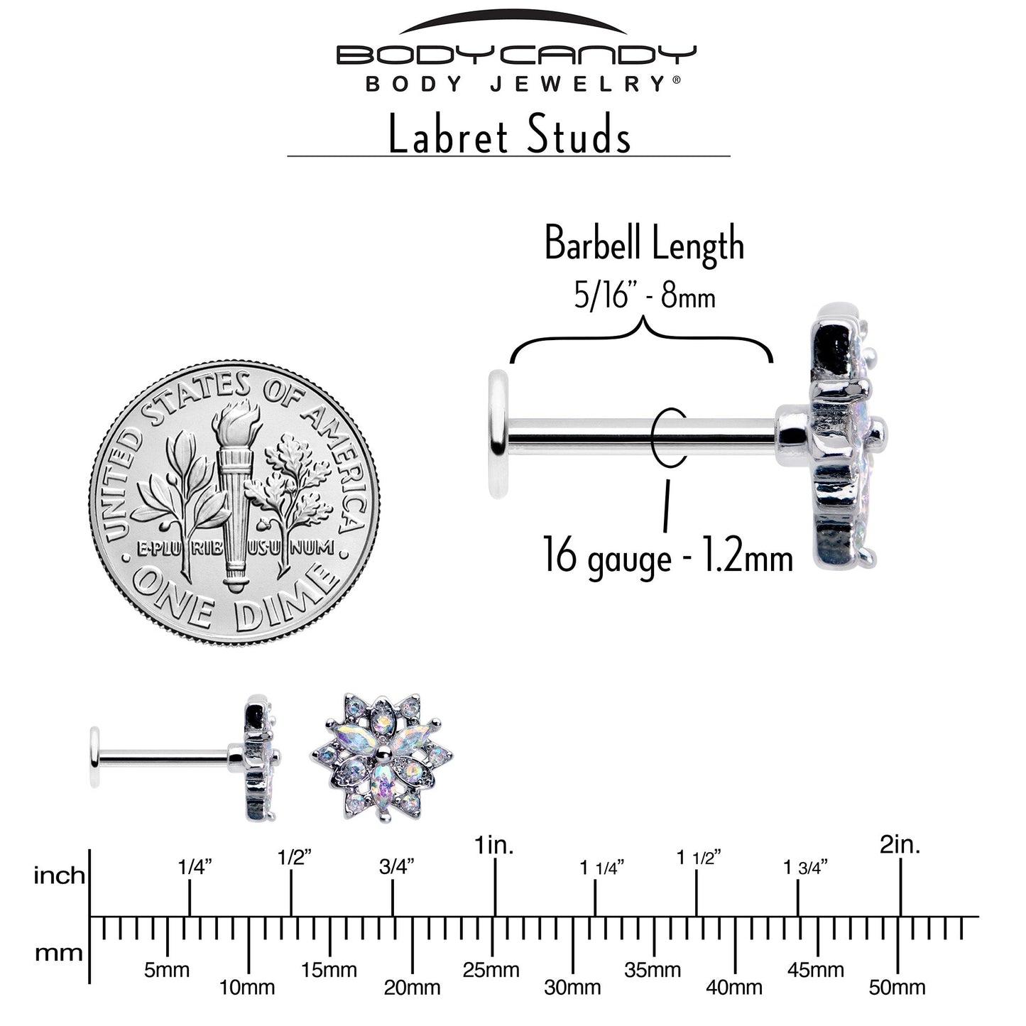 16G 5/16 Aurora CZ Gem Snowflake Style Labret Monroe Tragus