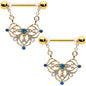 14G 9/16 Blue Gem Gold Tone Lacy Rhombus Dangle Nipple Ring Set