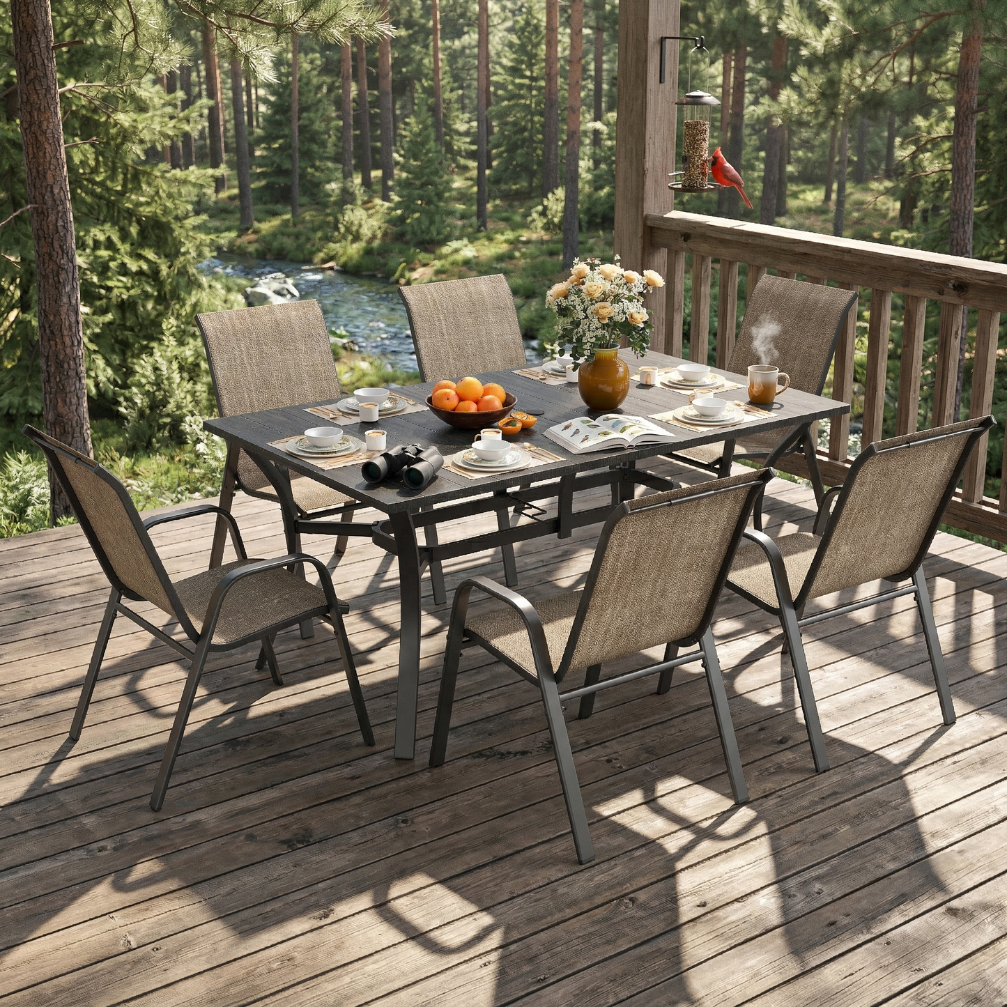 7-Piece Outdoor Patio Dining Set, 63' x 38' Rectangular Wood-Grain Metal Table
