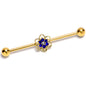 14G Blue Gem Gold Tone Radiant Bloom Flower Industrial Barbell 38mm