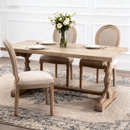 French Style Solid Wood Linen Fabric Rattan Back Dining Chair, Set of 2, Beige