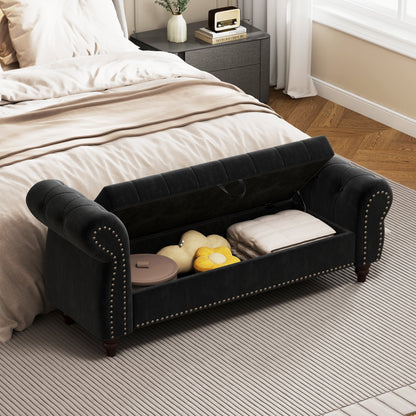 64.5 in Tufted Chaise Lounge Bench with Storage, Velvet Upholstery, Black