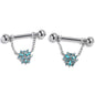 14G 9/16 Blue Gem Snowflake Style Chain Dangle Nipple Ring Set