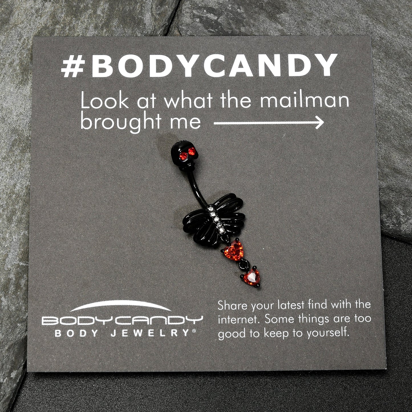 Red CZ Gem Black Skeleton Hearts Gothic Dangle Belly Ring