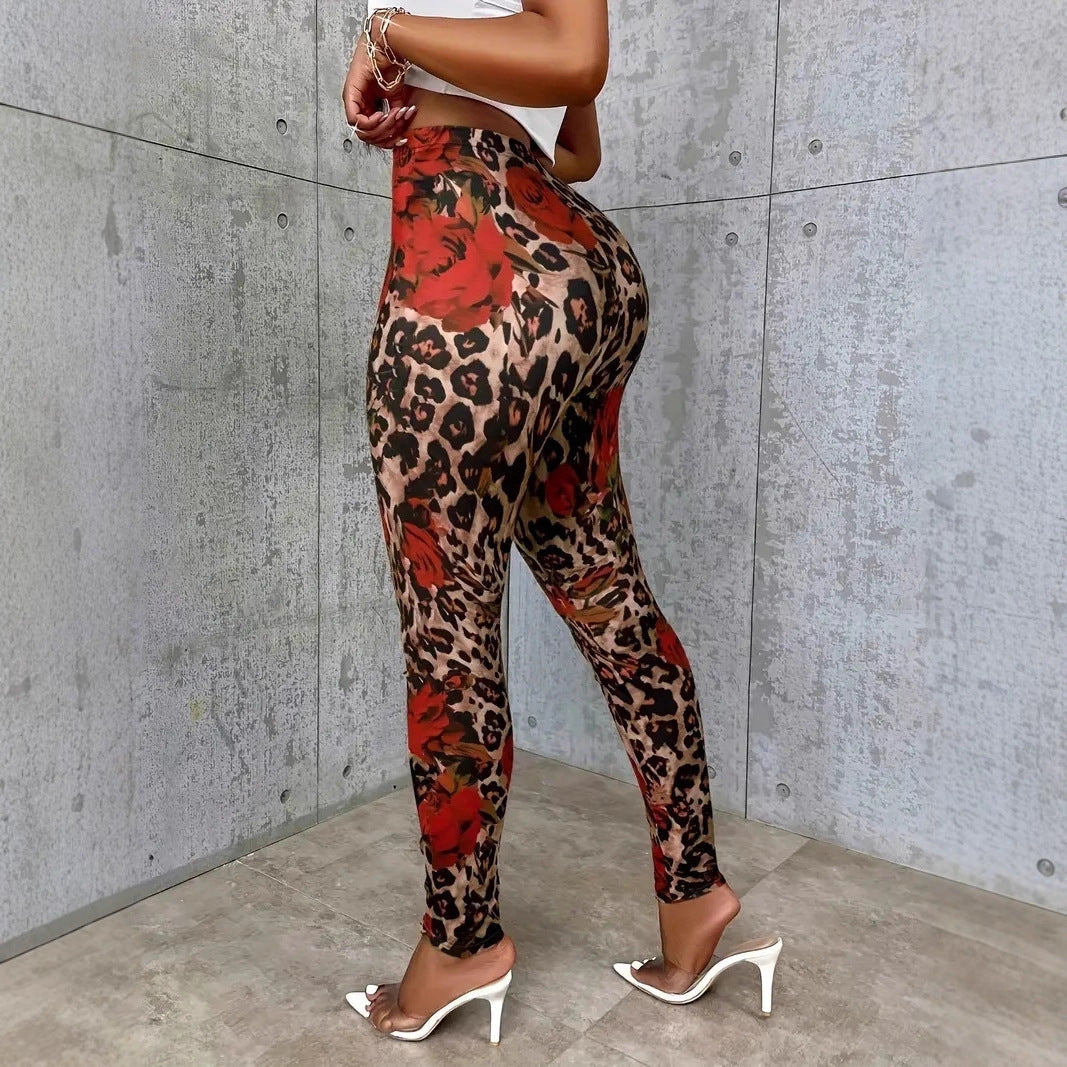 Womens Floral Print Stretchy Waist Leggings