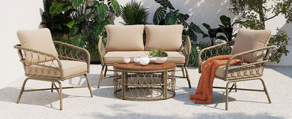 Outdoor Patio Set Wicker Boho Beige Cushion Oval Acacia Table 4 Piece