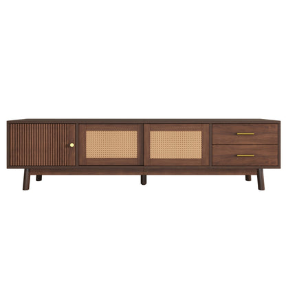 TV Stand Mid-Century Dark Brown Solid Wood Rattan Sliding Door Fits 80 In TV