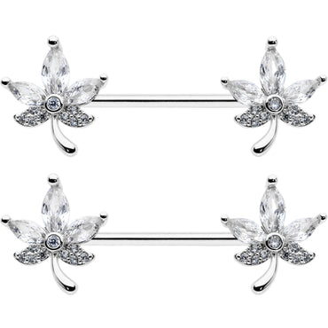 14G 3/4 Clear CZ Gem Pot Leaf Barbell Nipple Ring Set