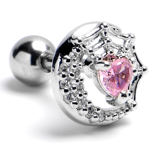 16G 1/4 Pink Gem Heart Moon Web Cartilage Tragus Earring