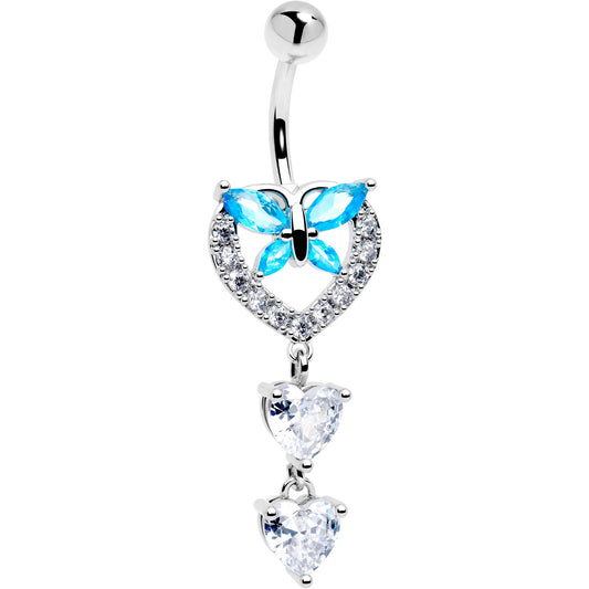 Blue Clear Gem Butterfly Hearts Of Love Dangle Belly Ring