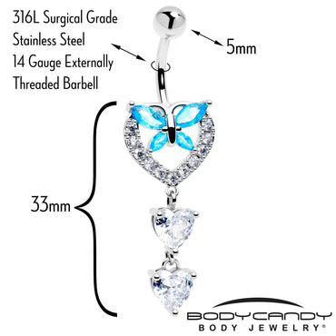 Blue Clear Gem Butterfly Hearts Of Love Dangle Belly Ring