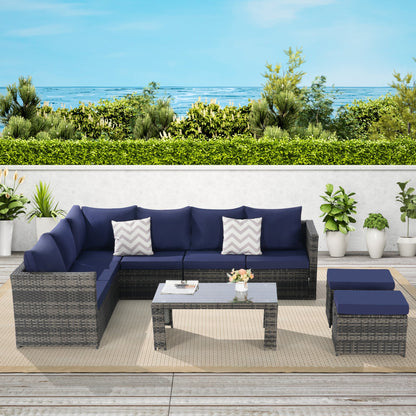 Outdoor Patio Rattan Set 6 Piece Seats 8 Dark Blue