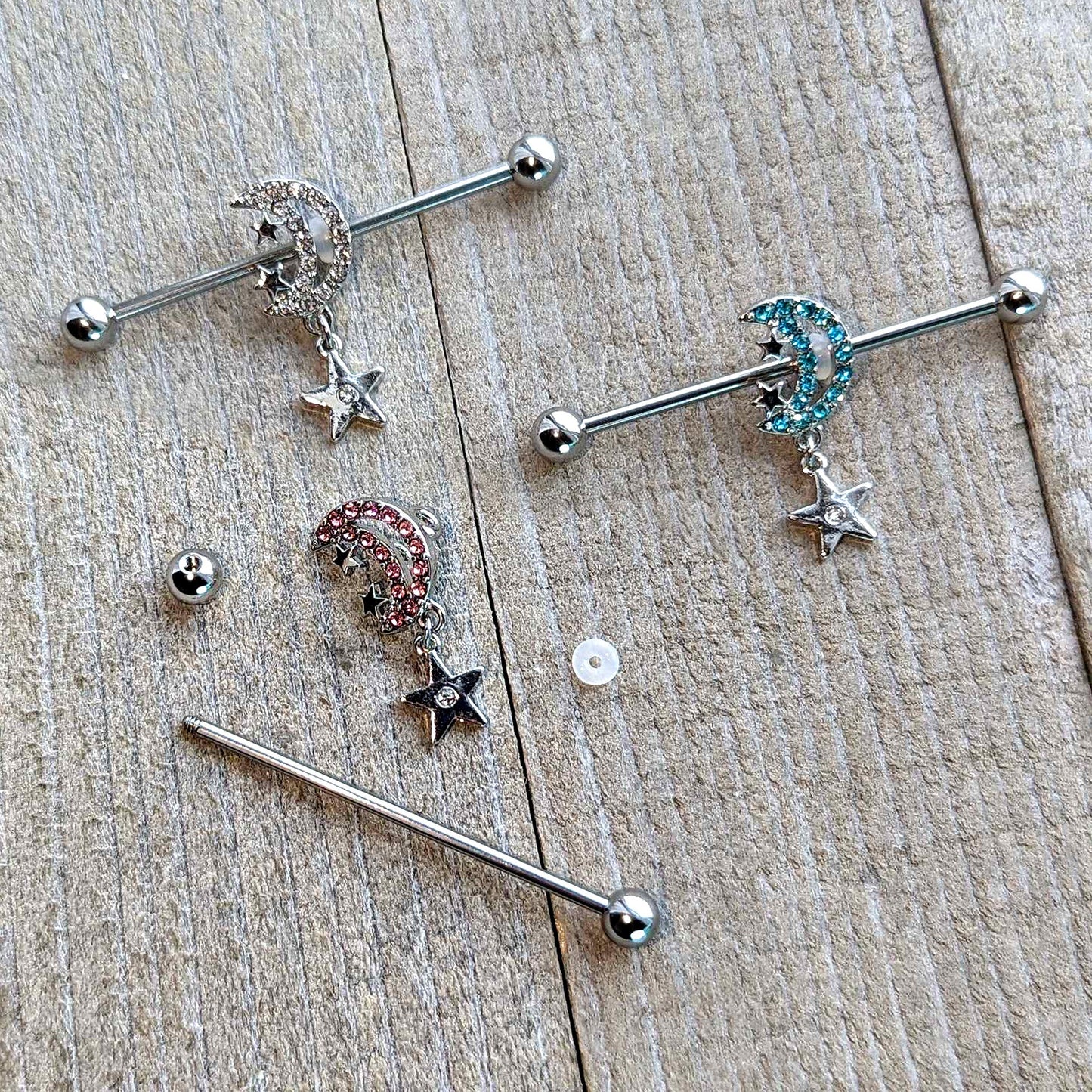 14G Pink CZ Gem Moon Dangle Star Industrial Barbell 38mm