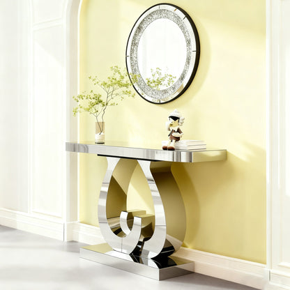 Modern Mirror Side Table, Glass, Double C-Shaped Base, Hall Table, Silver