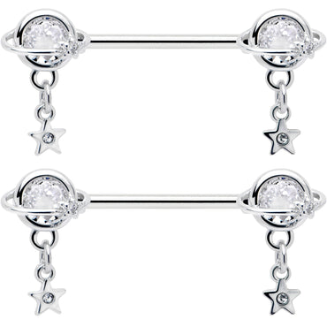 14G 9/16 Clear CZ Gem Starry Saturn Dangle Nipple Ring Set