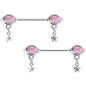 14G 9/16 Pink CZ Gem Starry Saturn Dangle Nipple Ring Set