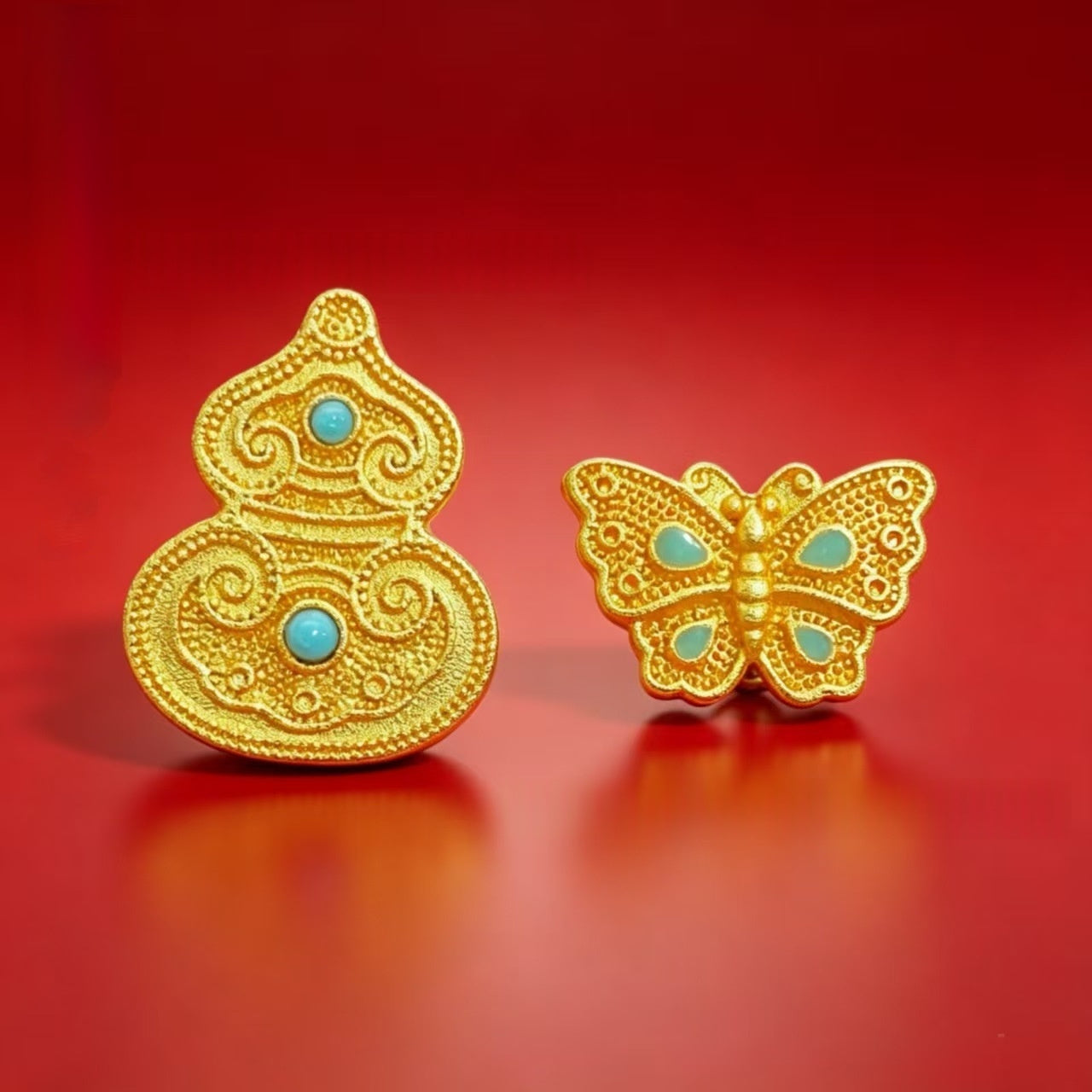 Alluvial Gold Filigree Inlaid With Turquoise Butterfly And Gourd-shaped Loose Beads